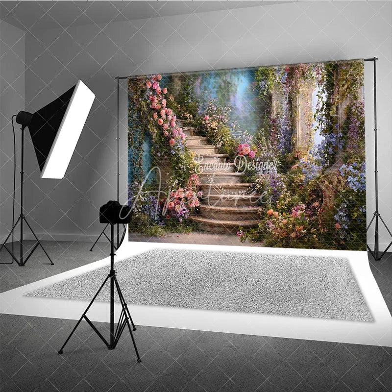 Aperturee - Aperturee Whimsical Stone Staircase Photography Backdrop with Pink Roses and Lush Purple Flowers Enchanting Garden Scene