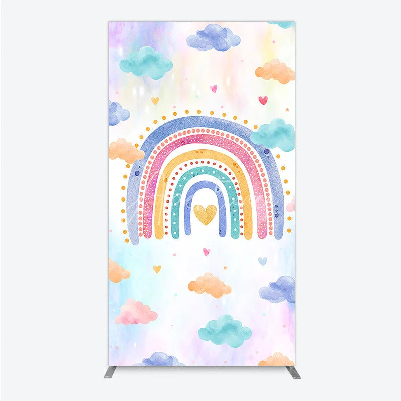 Aperturee - Aperturee Whimsical Watercolor Pastel Rainbow with Clouds and Hearts Rectangle Arch Backdrop Dreamy Baby Shower Birthday Decor