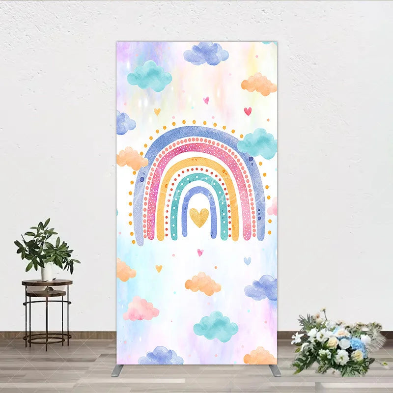 Aperturee - Aperturee Whimsical Watercolor Pastel Rainbow with Clouds and Hearts Rectangle Arch Backdrop Dreamy Baby Shower Birthday Decor