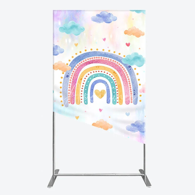 Aperturee - Aperturee Whimsical Watercolor Pastel Rainbow with Clouds and Hearts Rectangle Arch Backdrop Dreamy Baby Shower Birthday Decor