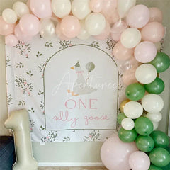 Aperturee - Aperturee Whimsical White Goose and Floral ONE Silly Goose 1st Birthday Backdrop Delicate Green Leaves and Pink Flowers Decor
