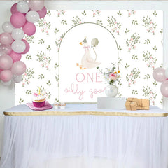 Aperturee - Aperturee Whimsical White Goose and Floral ONE Silly Goose 1st Birthday Backdrop Delicate Green Leaves and Pink Flowers Decor