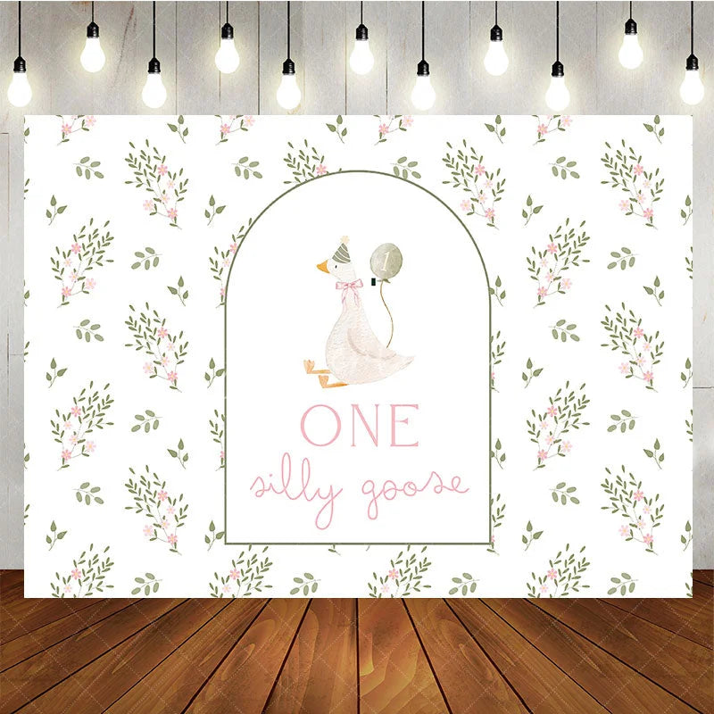Aperturee - Aperturee Whimsical White Goose and Floral ONE Silly Goose 1st Birthday Backdrop Delicate Green Leaves and Pink Flowers Decor