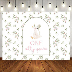Aperturee - Aperturee Whimsical White Goose and Floral ONE Silly Goose 1st Birthday Backdrop Delicate Green Leaves and Pink Flowers Decor