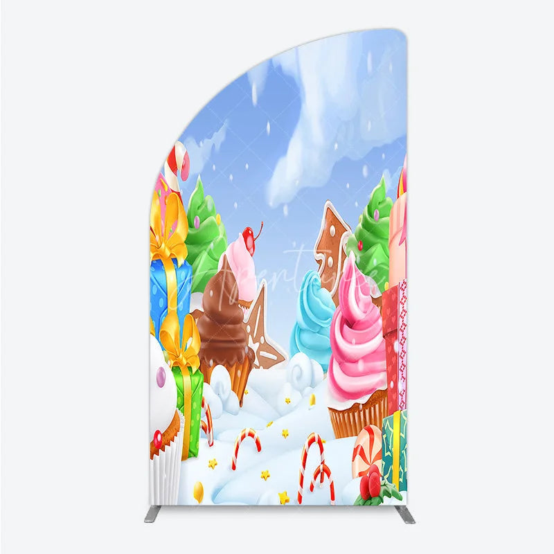 Aperturee - Aperturee Whimsical Winter Candy Land Half Moon Arch Backdrop with Cupcakes Gingerbread and Candy Canes for Holiday Party Decor