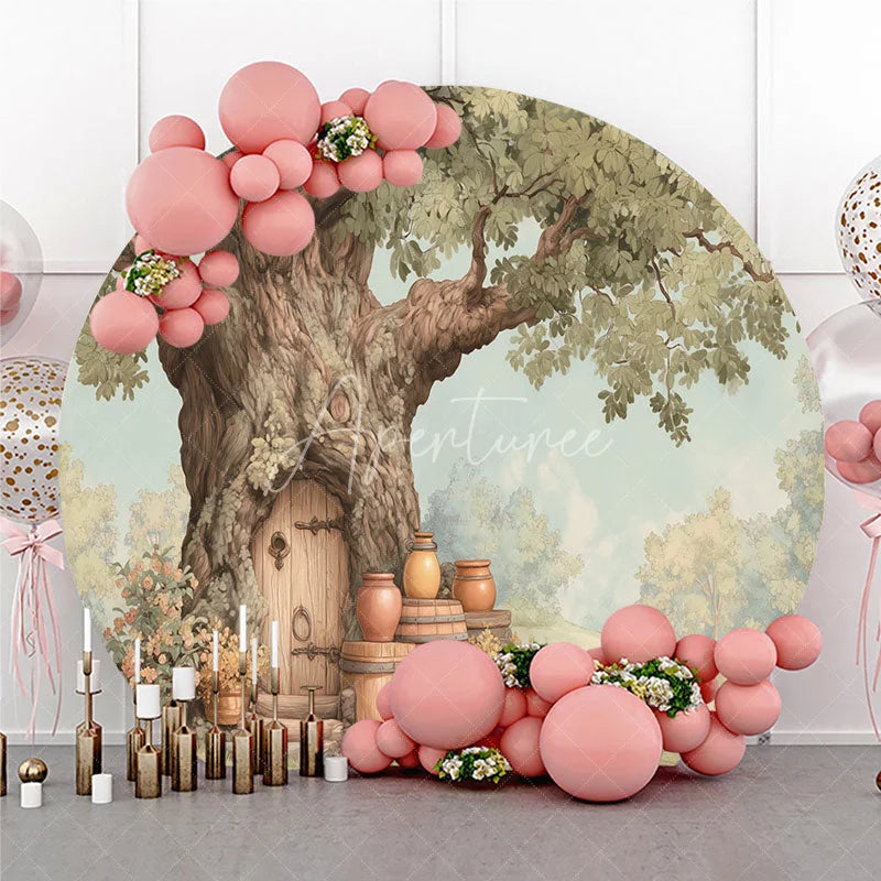 Aperturee - Aperturee Whimsical Woodland Enchanted Tree House Door Round Backdrop Rustic Forest Fairy Tale Birthday Party Decor