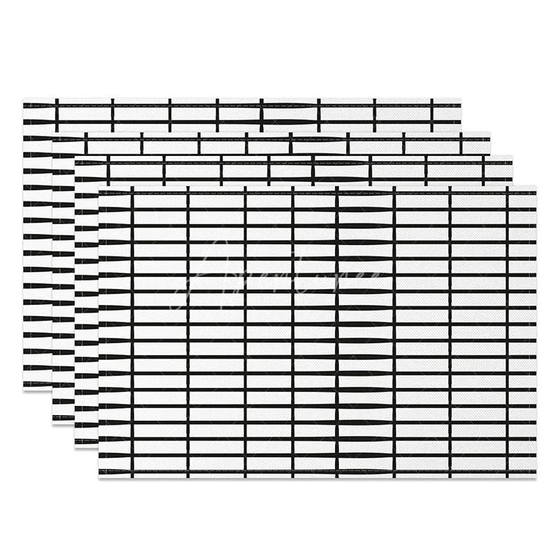 Aperturee - Aperturee White and Black Lines Plaid Pattern Set of 4 Placemats Modern Geometric for Farmhouse Kitchen Decor
