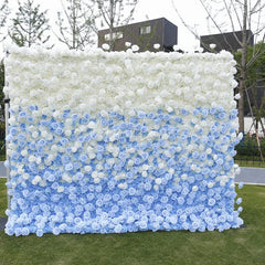 Aperturee - Aperturee White and Blue Ombre Rose Artificial Flower Wall Elegant Wedding Baby Shower and Party Backdrop Decor