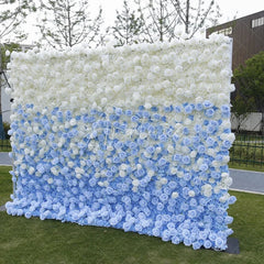 Aperturee - Aperturee White and Blue Ombre Rose Artificial Flower Wall Elegant Wedding Baby Shower and Party Backdrop Decor