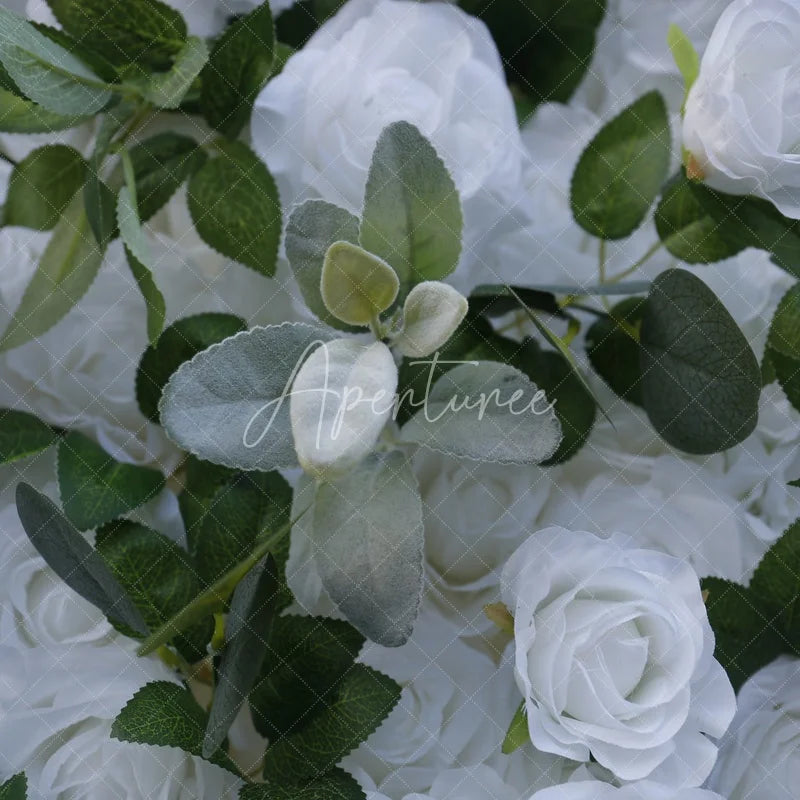 Aperturee - Aperturee White and Cream Roses Hydrangea Artificial Flower Wall Lush Greenery Wedding Party Event Backdrop Decor