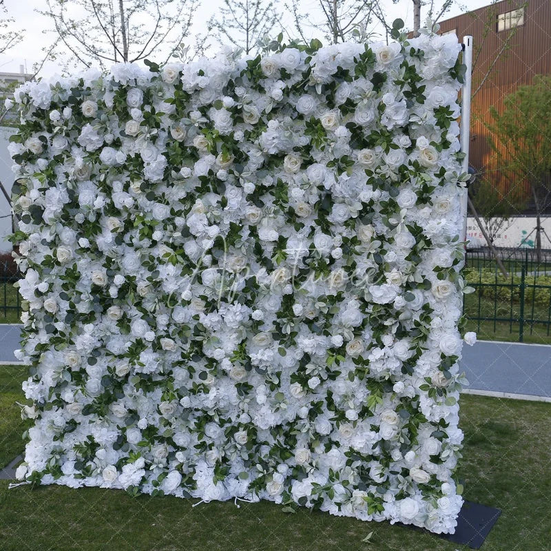 Aperturee - Aperturee White and Cream Roses Hydrangea Artificial Flower Wall Lush Greenery Wedding Party Event Backdrop Decor