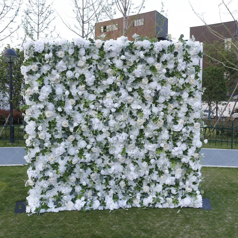 Aperturee - Aperturee White and Cream Roses Hydrangea Artificial Flower Wall Lush Greenery Wedding Party Event Backdrop Decor