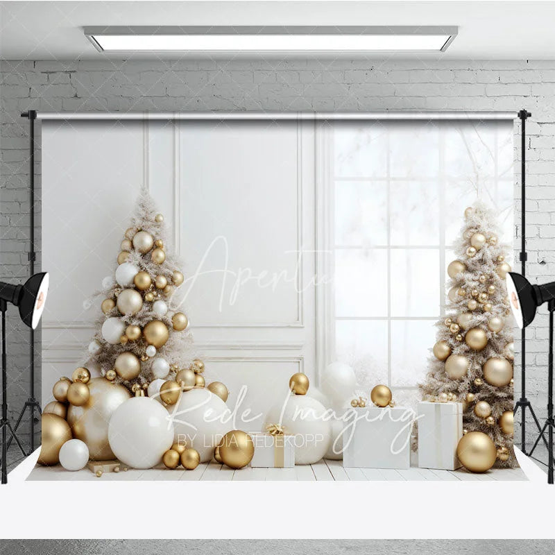 Aperturee - Aperturee White and Gold Christmas Photography Backdrop All White Room with Elegant Trees Modern Holiday Photo Background