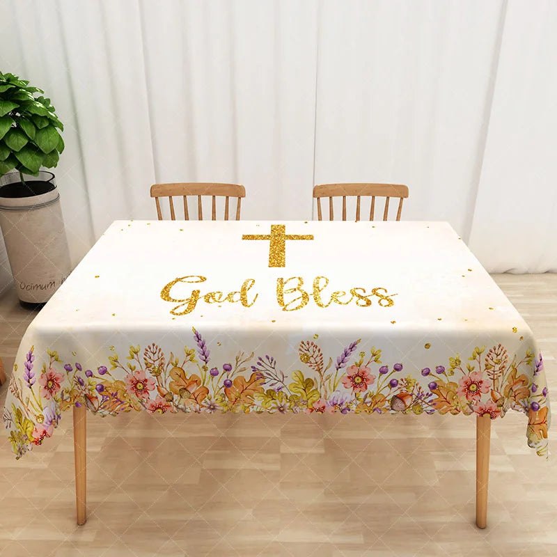 Aperturee - Aperturee White and Gold Floral Rectangle Tablecloth with Crucifix for Easter Christening or Baptism Decor