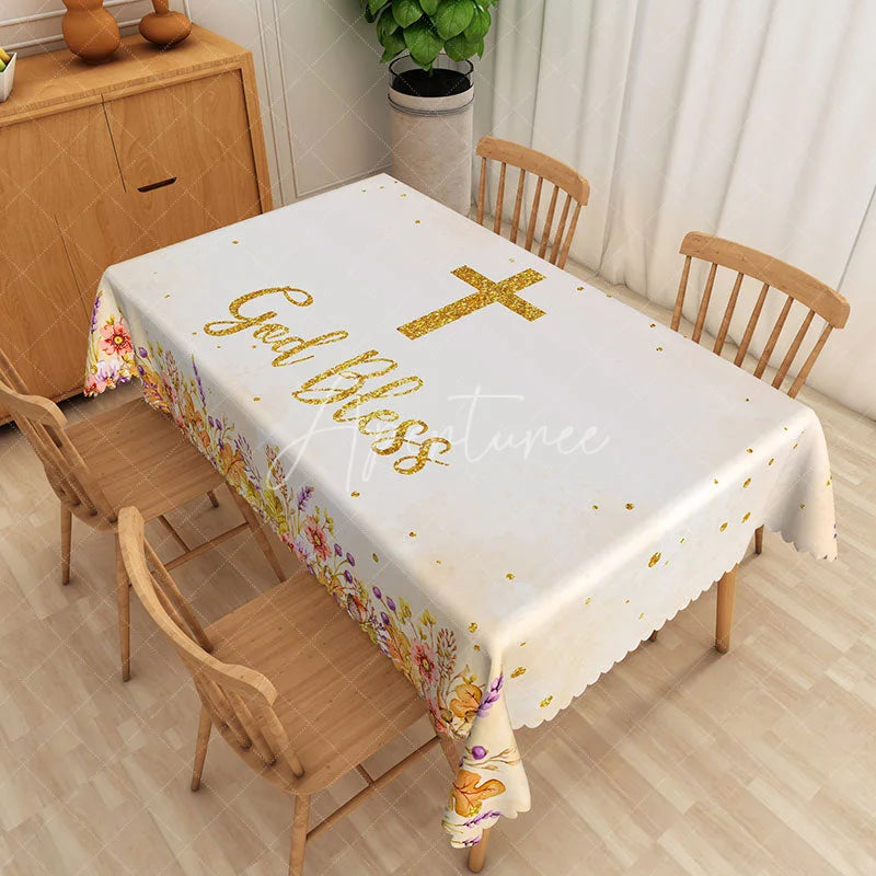 Aperturee - Aperturee White and Gold Floral Rectangle Tablecloth with Crucifix for Easter Christening or Baptism Decor
