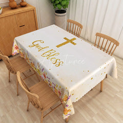 Aperturee - Aperturee White and Gold Floral Rectangle Tablecloth with Crucifix for Easter Christening or Baptism Decor