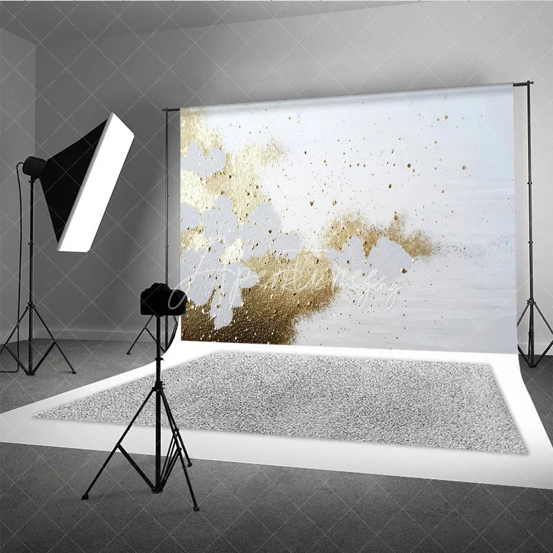 Aperturee - Aperturee White and Gold Glitter Abstract Photography Backdrop Elegant Shimmer Splatter Photo Background for Studio Shoots