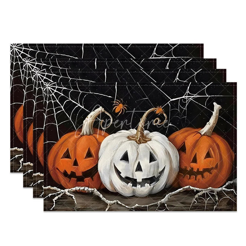 Aperturee - Aperturee White and Orange Cobweb and Jack-O’-Lantern Set of 4 Placemats for Halloween Party Decorations