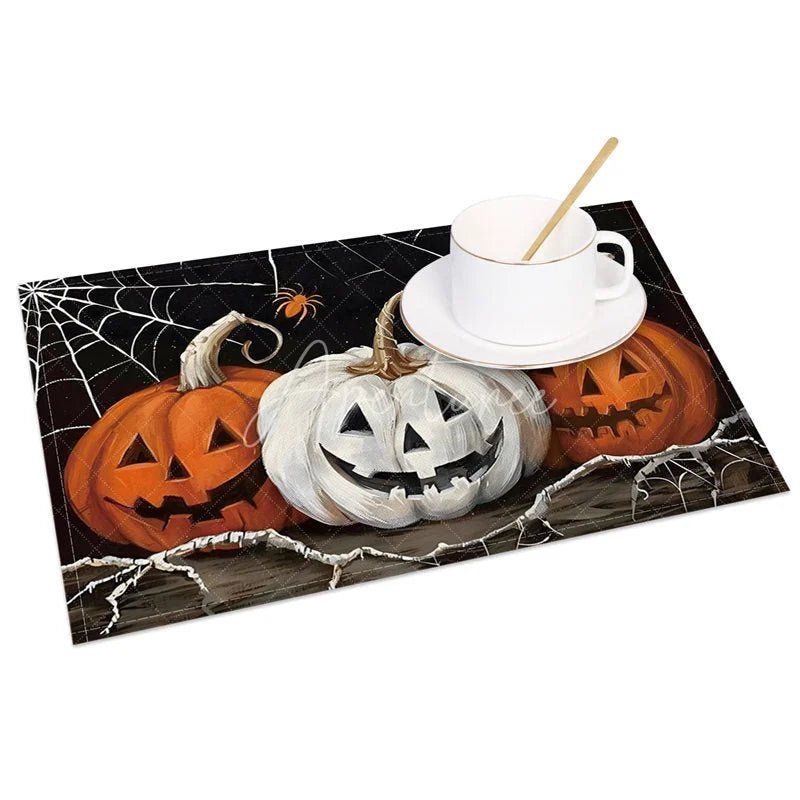 Aperturee - Aperturee White and Orange Cobweb and Jack-O’-Lantern Set of 4 Placemats for Halloween Party Decorations