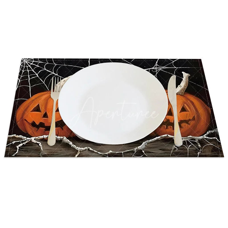 Aperturee - Aperturee White and Orange Cobweb and Jack-O’-Lantern Set of 4 Placemats for Halloween Party Decorations