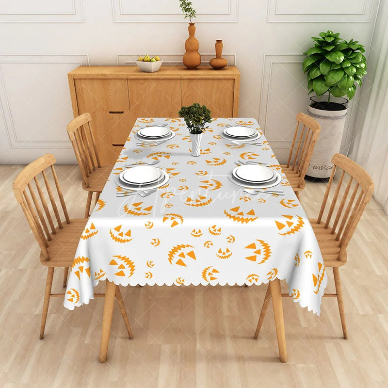 Aperturee - Aperturee White and Orange Jack O’ Lantern Halloween Rectangle Tablecloth for Fall Harvest and Spooky Party Decor