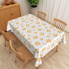 Aperturee - Aperturee White and Orange Jack O’ Lantern Halloween Rectangle Tablecloth for Fall Harvest and Spooky Party Decor