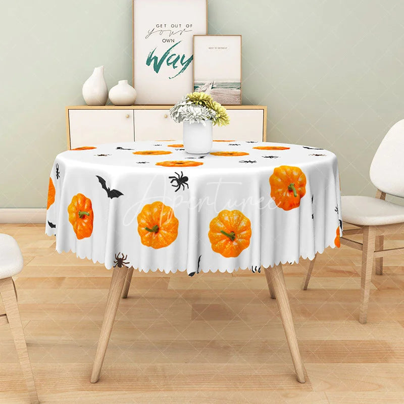 Aperturee - Aperturee White and Orange Jack-O’-Lantern Halloween Round Tablecloth for Spooky and Fun Holiday Party Decor