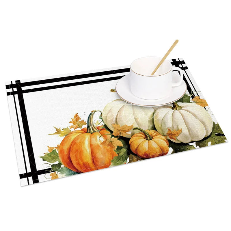 Aperturee - Aperturee White and Orange Pumpkin with Greenery Set of 4 Placemats for Modern Fall and Thanksgiving Decor
