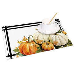 Aperturee - Aperturee White and Orange Pumpkin with Greenery Set of 4 Placemats for Modern Fall and Thanksgiving Decor