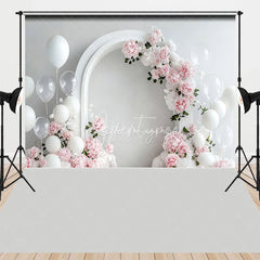 Aperturee - Aperturee White Arch with Pink Peonies and Balloons Combo Set Backdrop Elegant Floral Wedding Photo Background