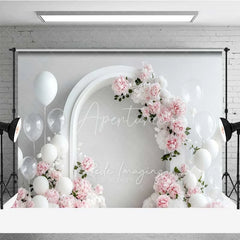 Aperturee - Aperturee White Arch with Pink Peonies and Balloons Combo Set Backdrop Elegant Floral Wedding Photo Background