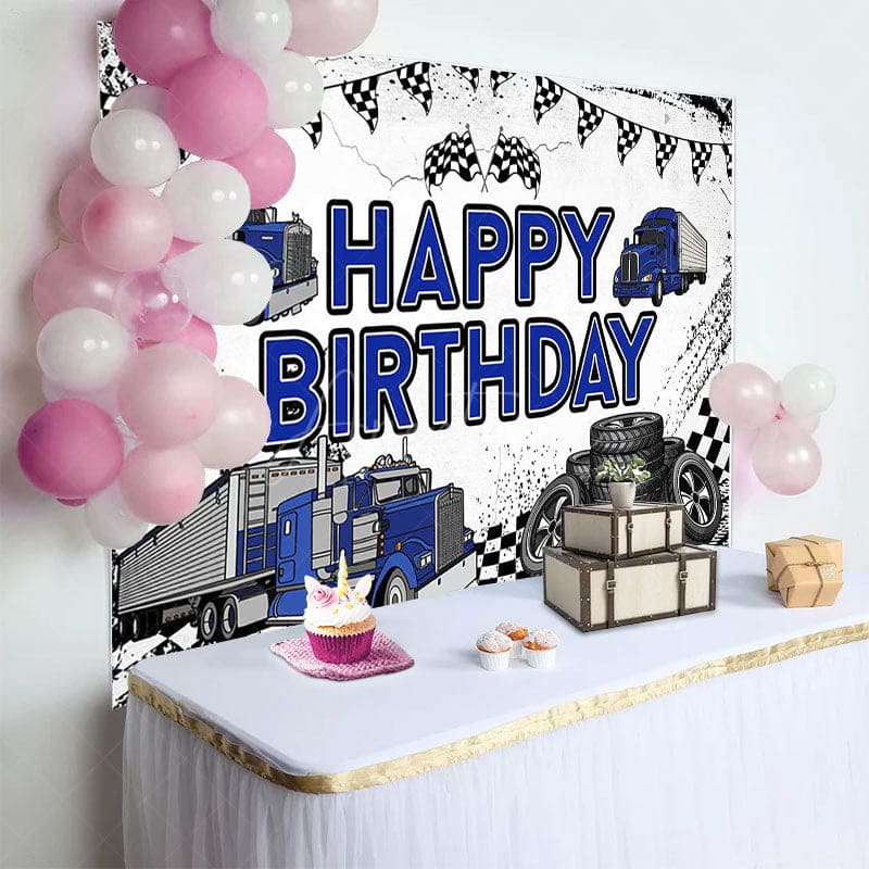 Aperturee - Aperturee White Blue Semi Truck Happy Birthday Backdrop For Boy