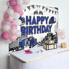 Aperturee - Aperturee White Blue Semi Truck Happy Birthday Backdrop For Boy
