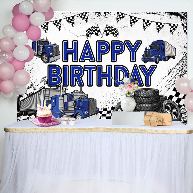 Aperturee - Aperturee White Blue Semi Truck Happy Birthday Backdrop For Boy