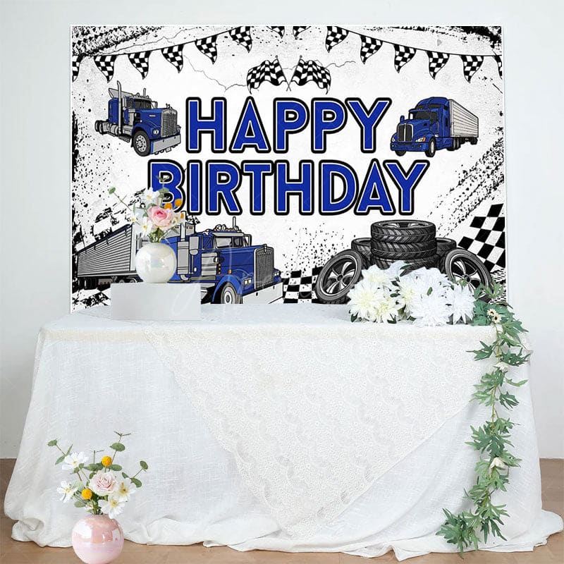 Aperturee - Aperturee White Blue Semi Truck Happy Birthday Backdrop For Boy