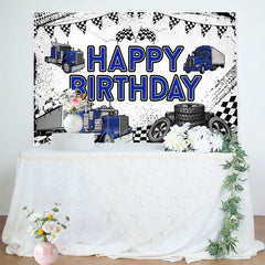 Aperturee - Aperturee White Blue Semi Truck Happy Birthday Backdrop For Boy