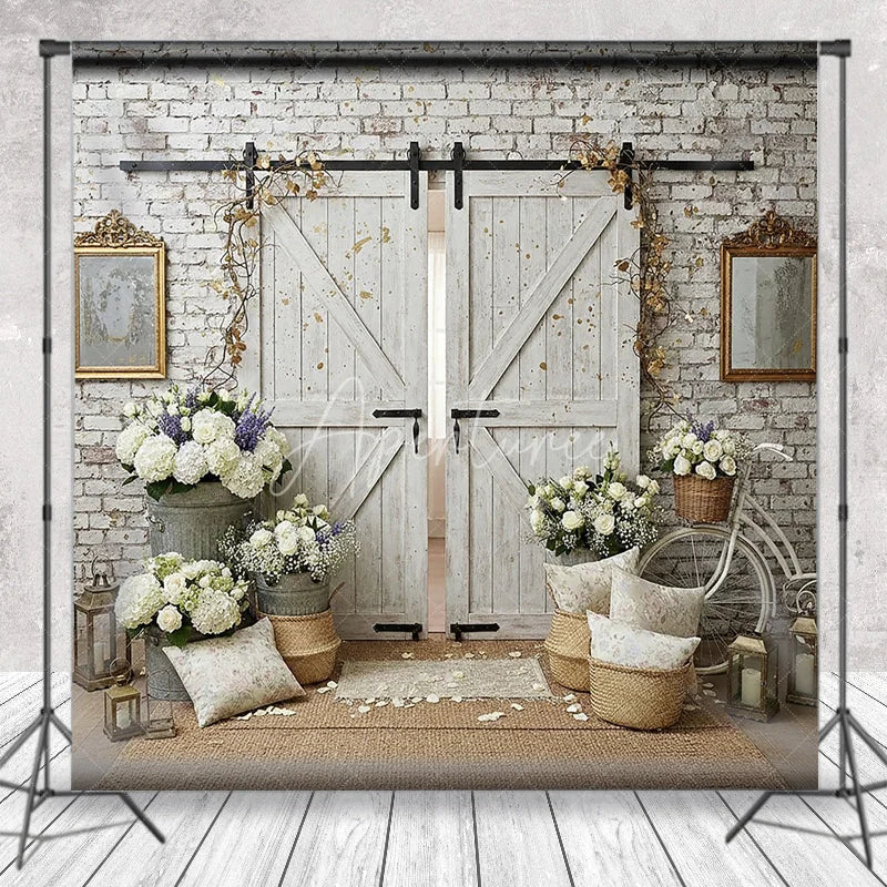 Aperturee - Aperturee White Brick Wall and Rustic Barn Doors Photography Backdrop with Elegant Floral Arrangements Wedding Event Decor
