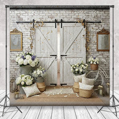 Aperturee - Aperturee White Brick Wall and Rustic Barn Doors Photography Backdrop with Elegant Floral Arrangements Wedding Event Decor