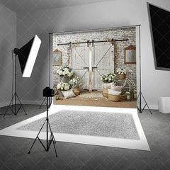 Aperturee - Aperturee White Brick Wall and Rustic Barn Doors Photography Backdrop with Elegant Floral Arrangements Wedding Event Decor