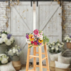 Aperturee - Aperturee White Brick Wall and Rustic Barn Doors Photography Backdrop with Elegant Floral Arrangements Wedding Event Decor
