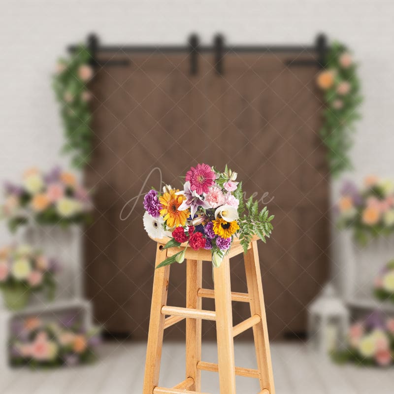 Aperturee - Aperturee White Brick Wall Floral Wood Door Wedding Backdrop