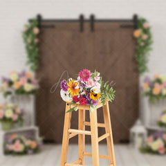 Aperturee - Aperturee White Brick Wall Floral Wood Door Wedding Backdrop