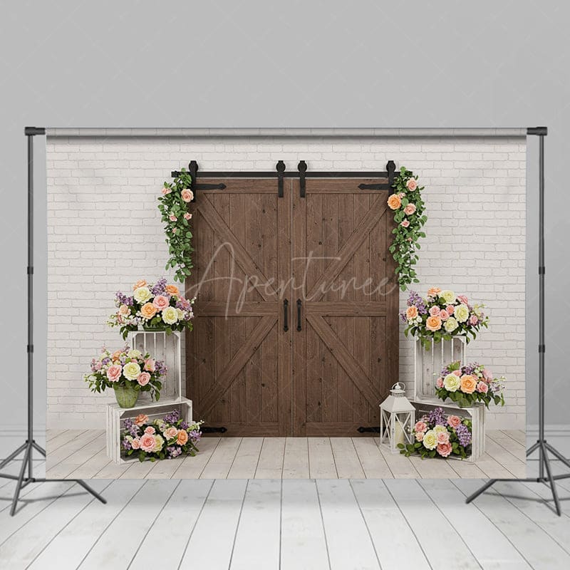 Aperturee - Aperturee White Brick Wall Floral Wood Door Wedding Backdrop