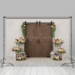 Aperturee - Aperturee White Brick Wall Floral Wood Door Wedding Backdrop