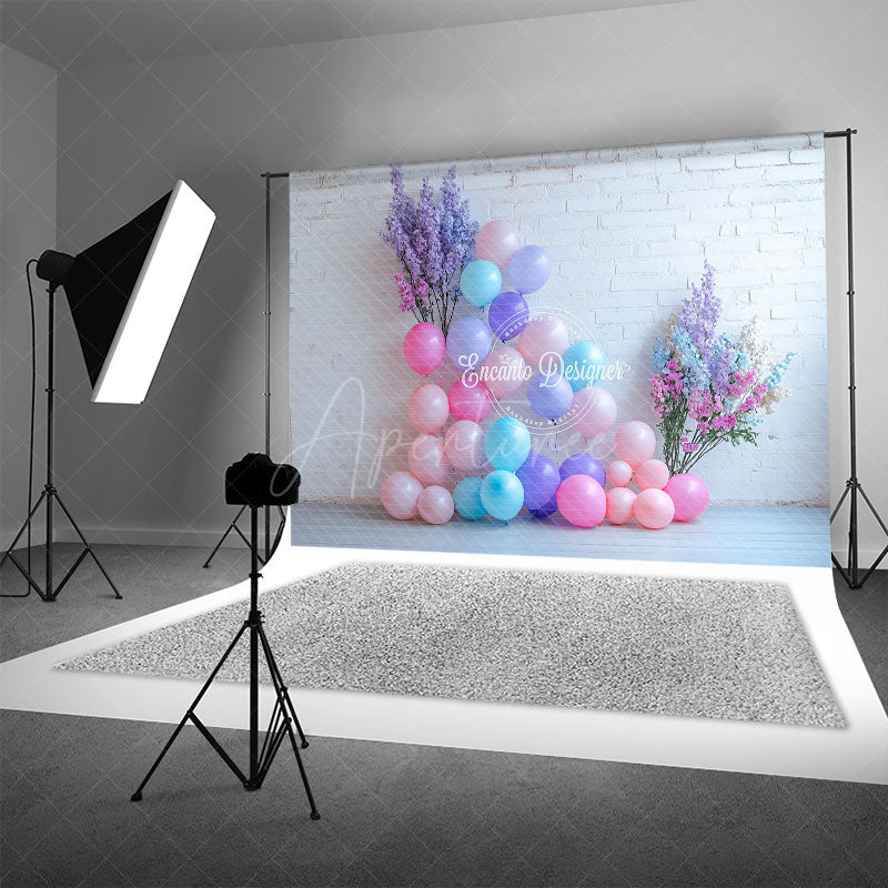 Aperturee - Aperturee White Brick Wall Photography Backdrop with Pastel Balloons Floral Decor for Birthday Baby Shower Photo Booth