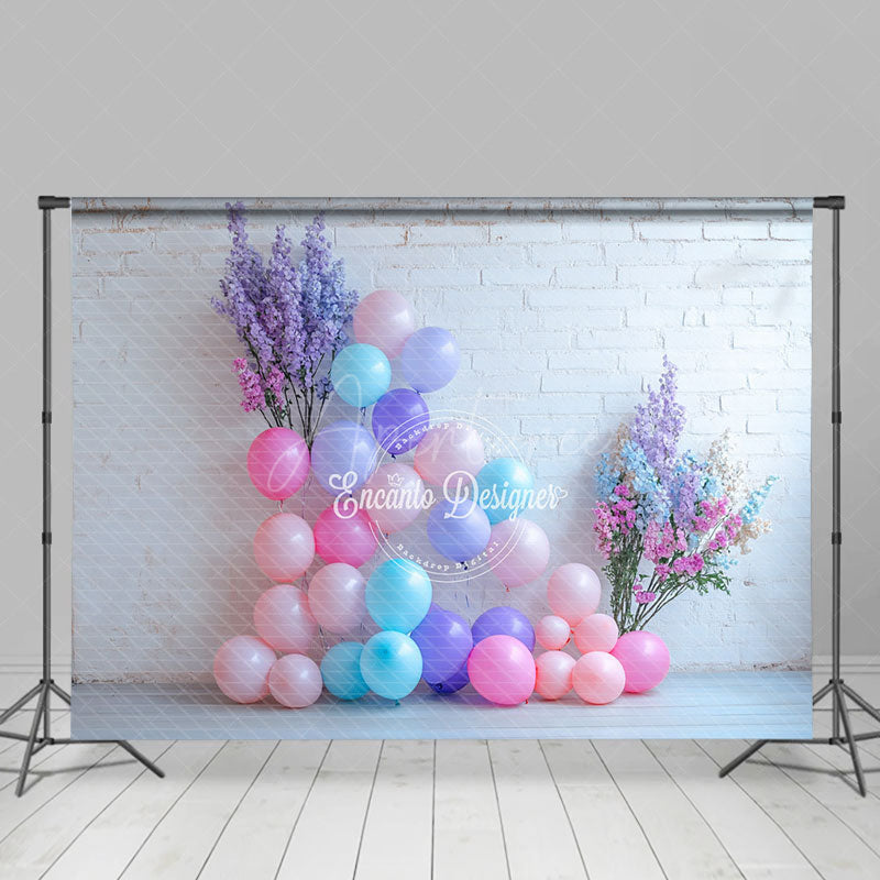 Aperturee - Aperturee White Brick Wall Photography Backdrop with Pastel Balloons Floral Decor for Birthday Baby Shower Photo Booth