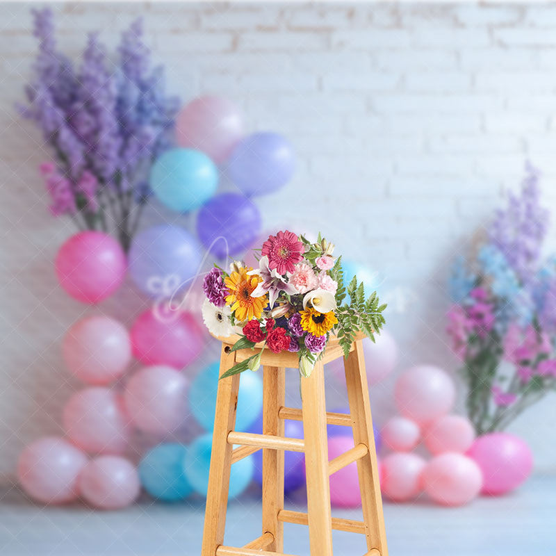Aperturee - Aperturee White Brick Wall Photography Backdrop with Pastel Balloons Floral Decor for Birthday Baby Shower Photo Booth