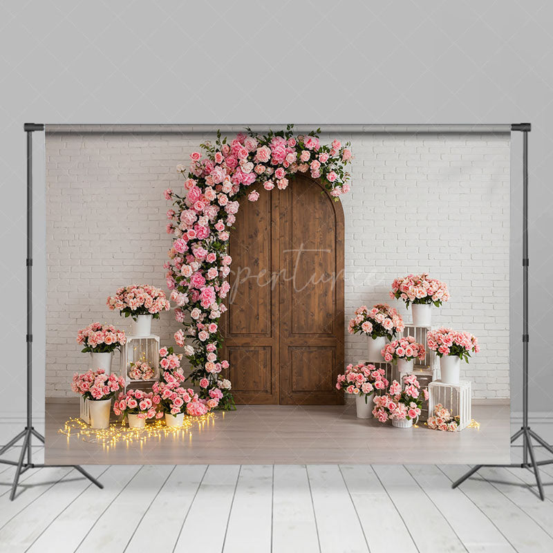Aperturee - Aperturee White Brick Wall Pink Floral Wood Door Wedding Backdrop