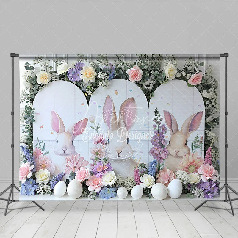 Aperturee - Aperturee White Bunny Peeking Backdrop Spring Floral Bloom and Easter Eggs Portrait Decoration
