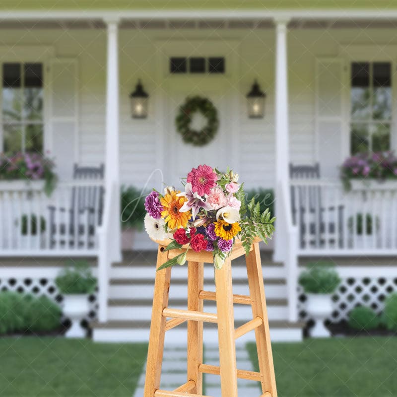 Aperturee - Aperturee White Cabin Christmas Wreath Photography Backdrop